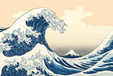 Kanagawa 'daki büyük dalga üreme vektörü çizimi. Arka planda Fuji Dağı ve büyük dalgalı eski Japon sanat eserleri.