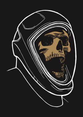 Mars 'a uçmak için yeni uzay giysisinin içindeki kafatası. Mars 'ta öl. İzole edilmiş uzay illüstrasyonu.