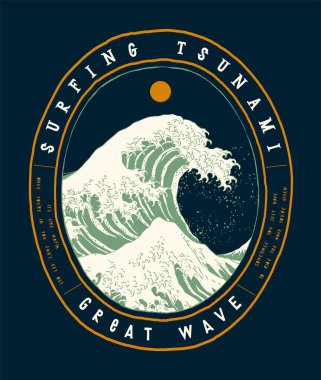 Tsunami sörfü - Kanagawa açıklarında büyük dalga. Klasik tipografi sörf tişörtü baskısı.