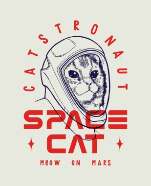 Yeni Amerikan uzay giysisi içinde astronot bir kedi. Mars 'ta miyav. Yeraltı tipografisi tişört baskısı.