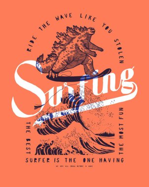 Surfing Godzilla on the wave off Kanagawa. Vintage typography surfing t-shirt print with mythical japanese monster. clipart