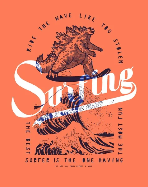 Серфінг Ґодзілла Хвилі Біля Канаґави Vintage Typography Surfing Shirt Print — стоковий вектор