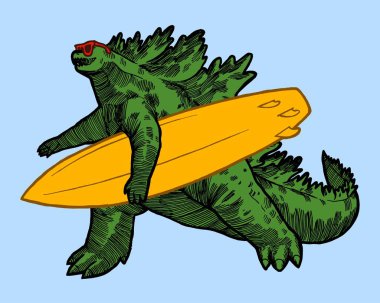 Godzilla sörf tahtası taşıyor. İzole edilmiş Japon canavar plaj karakteri çizimi.