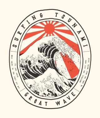 İmparatorluğun yükselen güneşinin altında Kanagawa açıklarında büyük dalgalarda sörf yapmak. Klasik Japon sörf tipografi tişörtü baskısı.