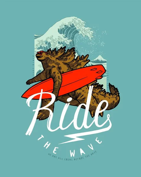 Godzilla Surfboard Front Kanagawa Wave Surfing Character Typography Shirt Print — Stock Vector