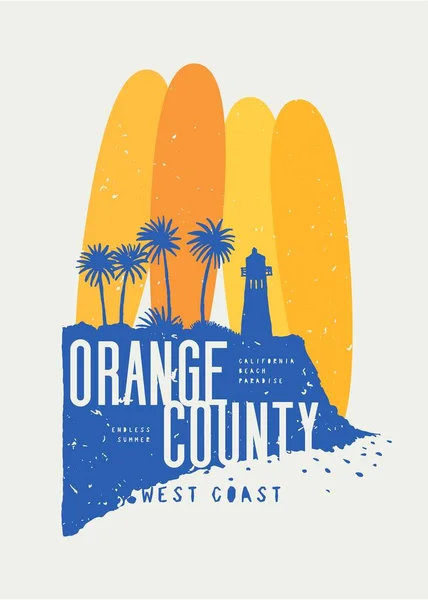Orange County Surfing Vintage Typography Shirt Print Lighthouse Palms Cliff — Stock Vector