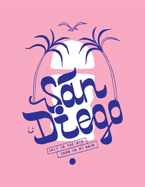 San Diego Solnedgång Och Palmer Shirt Tryck Med Vintage Typografi — Stock vektor