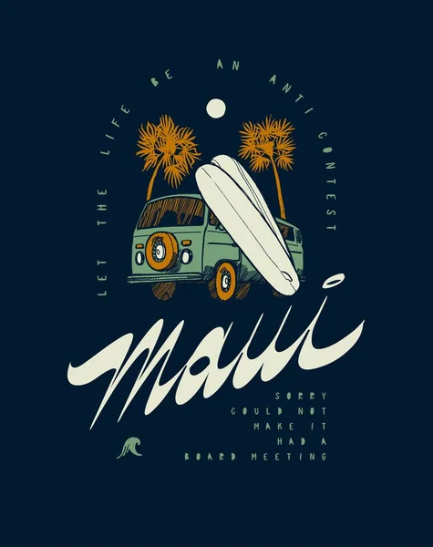 Maui Surfen Bus Shirt Print Met Palmbomen Surfplanken Vintage Typografie — Stockvector