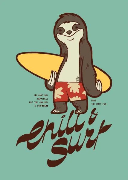 Mignon Personnage Surf Paresseux Chill Surf Vintage Typographie Été Sport — Image vectorielle