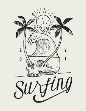 Kafatası dalgası klasik tipografi tişörtü. Güneş karakteri dev kafatası içinde gözlerinden palmiyeler çıkan büyük dalgalarda sörf yapıyor. Klasik tipografi sörf vektörü çizimi.
