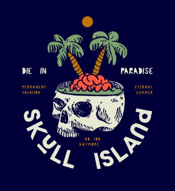 Kafatası Adası klasik tipografi. Sörf vektörü illüstrasyon tişörtü. Kafatasının içinde palmiye ağaçları olan beyin adası baskısı..