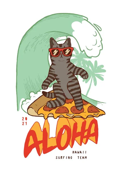 Gato Tonos Surf Ola Una Rebanada Pizza Estampado Camiseta Aloha — Vector de stock