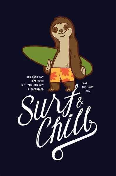 Surf Chill Sloth Animal Personnage Drôle Surf Shirt Imprimé Avec — Image vectorielle