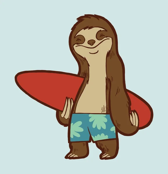 Sloth Surfer Cute Summer Sports Animal Character Isolated Vector Illustration — Stok Vektör
