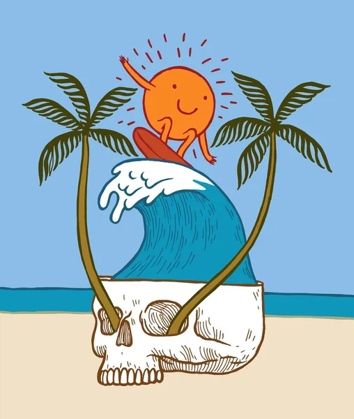 骷髅海浪中的太阳人物在手掌附近冲浪 夏季海滩度假运动矢量图解 — 图库矢量图片