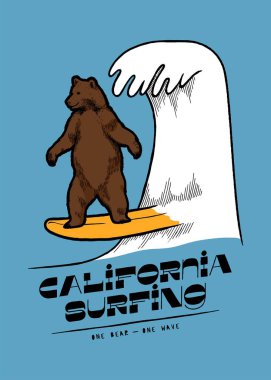 Ayı Kaliforniya dalgasında sörf yapıyor. Şirin Amerikan hayvan sörfü tişörtü baskısı. California sörfü yaz sporları temsilciliği.
