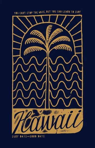 Hawaii Surf Vintage Palm Sun Wave Vintage Simple Line Typography — Vector de stock