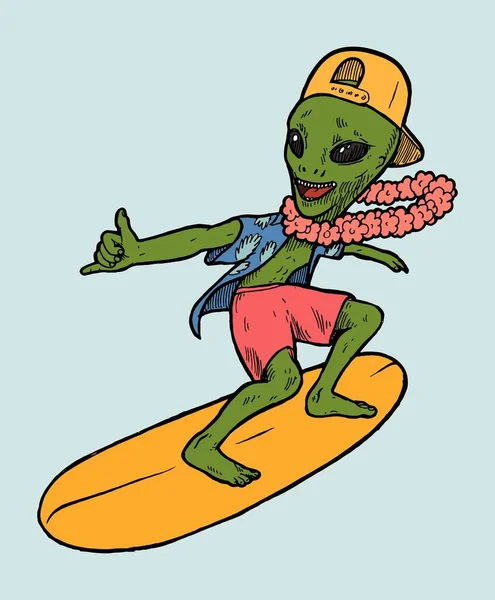 Αλλοδαπός Σέρφινγκ Alien Παιδί Surfing Χαρακτήρα Στο Καπέλο Του Μπέιζμπολ — Διανυσματικό Αρχείο