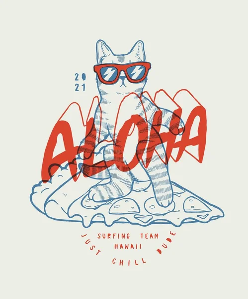 Lindo Personaje Surf Gato Tonos Una Rebanada Pizza Aloha Gato — Vector de stock