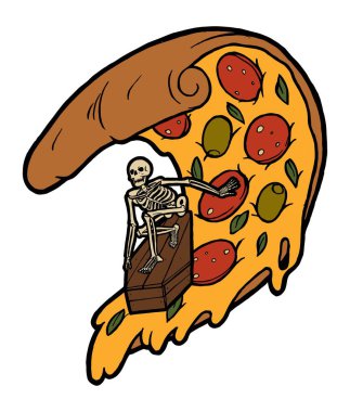 İskelet sörfü pizza dilimi dalgasıyla izole edilmiş bir plaj sporu illüstrasyonunda.