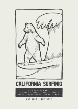 Kaliforniya sörfçü ayısı dalgada sörf yapıyor. Klasik tipografi, yaz sporu tişörtü baskısı. Hayvan spor afişi yapıyor..
