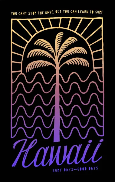 Palm Waves Sun Simple Línea Vintage Hawaii Camiseta Impresión — Vector de stock