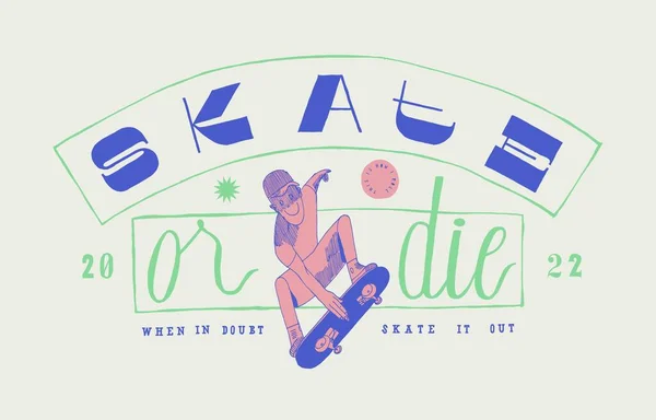 Skate or die. Street sports vintage typography t-shirt print in 90s style colors.