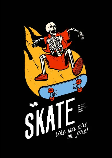 Skeleton Character Skateboarding Fire Vintage Typography Street Sports Shirt Print — 스톡 벡터