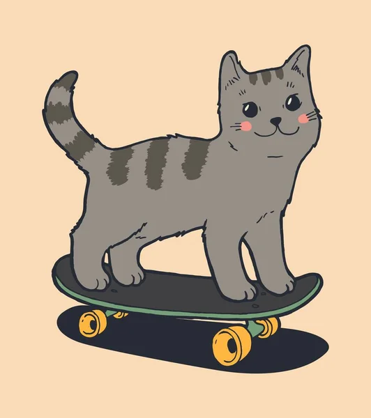 Cat Skateboarder Cute Kitten Pet Standing Skateboarding Street Sports Character — Stock Vector