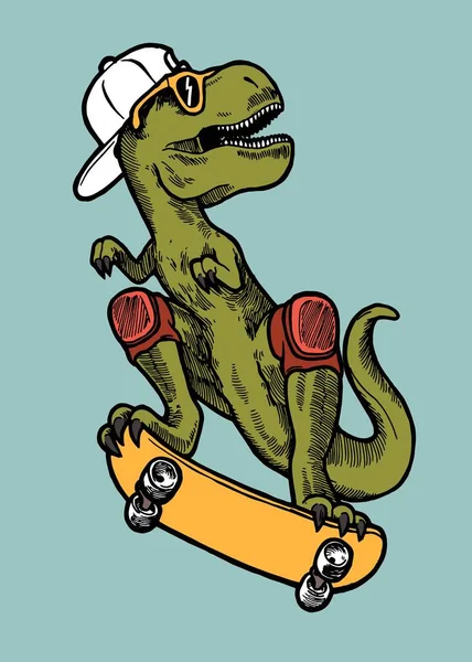 Rex Dino Monopatín Sombrero Verano Gafas Sol Ilustración Vectores Deportivos — Archivo Imágenes Vectoriales