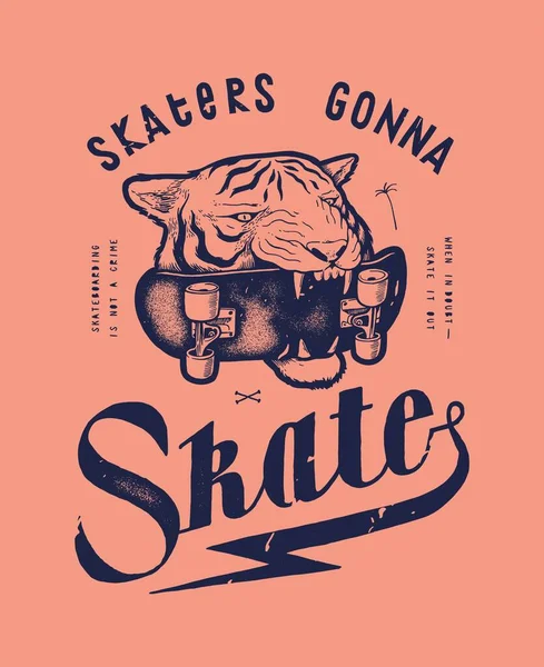 Tiger Med Skateboard Tänderna Skridskoåkare Ska Åka Vintage Typografi Shirt — Stock vektor