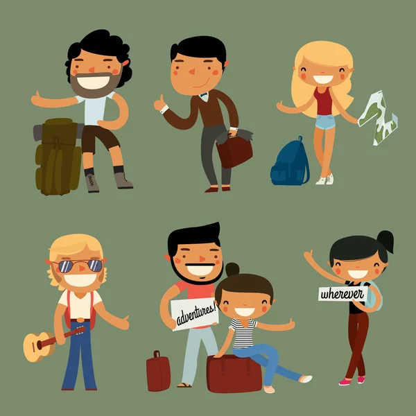 Hitchhiking cartoon travelers set — Stock Vector