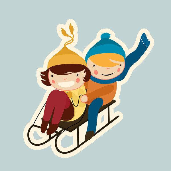 Cartoon flat cute couple on sled