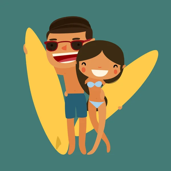 Casal surfista. personagens de desenhos animados . —  Vetores de Stock
