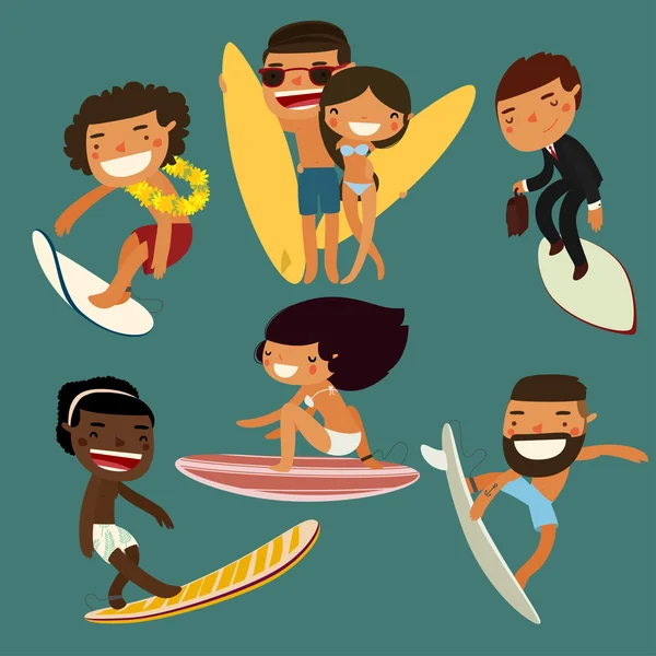 Surfing character set. — Stock Vector
