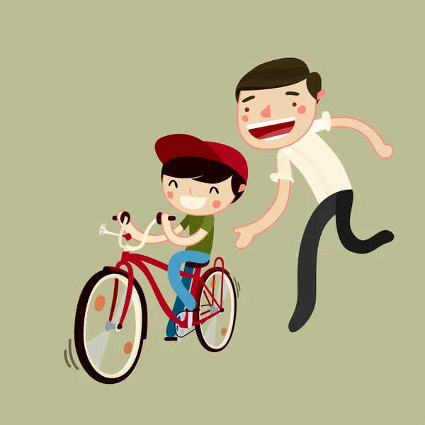 Père apprend à son fils à faire du vélo — Image vectorielle