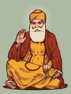 Guru Nanak sitting with raised hand and on the hand resting on his leg