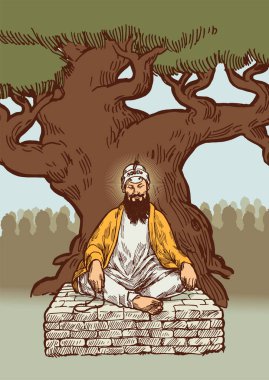 Guru Tegh Bahadur, yandaşlarıyla birlikte ağacın altında oturuyor. Vintage vektör illüstrasyonu.