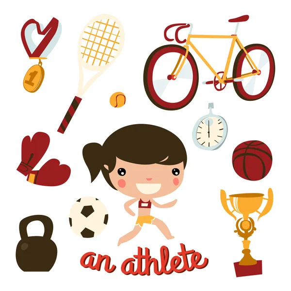 Flat Sportswoman and her stuff: — Stock Vector