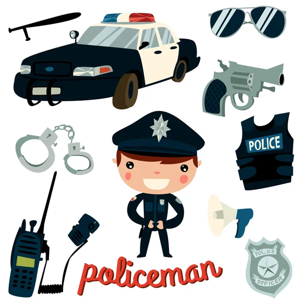 Policeman, police department,police car — Stock Vector
