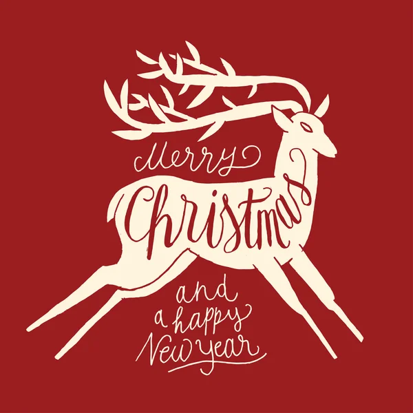Veselé Vánoce kaligrafie s jelen — Stockový vektor