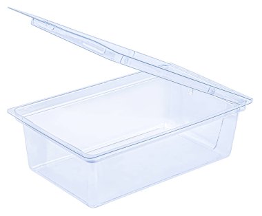 Beyaz arkaplan, ambalaj, yakın çekim İstiridye kabuğu paketi, Temiz Plastik Kabuk Kutusu, beyaz arkaplanda izole edilmiş boş şeffaf plastik kap.