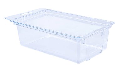 Beyaz arkaplan, ambalaj, yakın çekim İstiridye kabuğu paketi, Temiz Plastik Kabuk Kutusu, beyaz arkaplanda izole edilmiş boş şeffaf plastik kap.