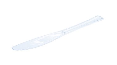 Şeffaf plastik tek kullanımlık alet: bıçak. Mavi tek kullanımlık plastik bıçak, kesme yolu, beyaz arka planda izole edilmiş. Mavi tek kullanımlık plastik çatal bıçak, tek kullanımlık bıçak, tek kullanımlık sofra takımı, plastik kirlilik, atık, eko, ekoloji, geri dönüşüm.
