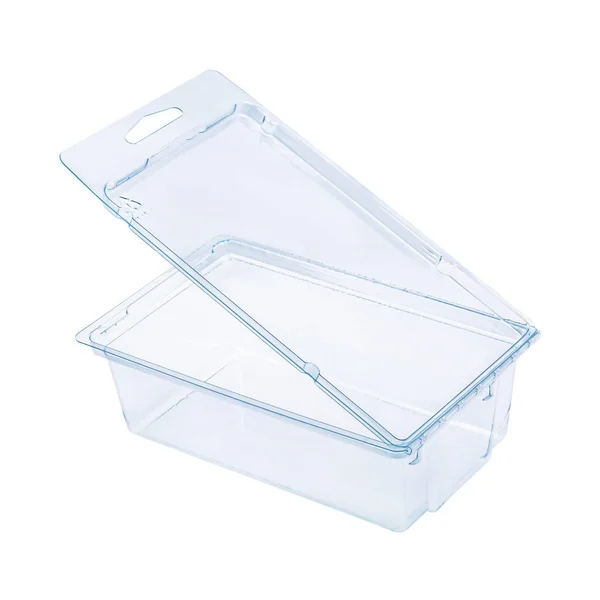 Recipiente Plástico Fundo Branco Embalagem Close Clamshell Pacote Clear Plastic — Fotografia de Stock