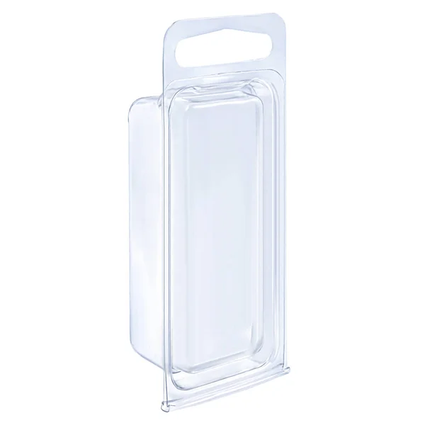 Recipiente Plástico Fundo Branco Embalagem Close Clamshell Pacote Clear Plastic — Fotografia de Stock