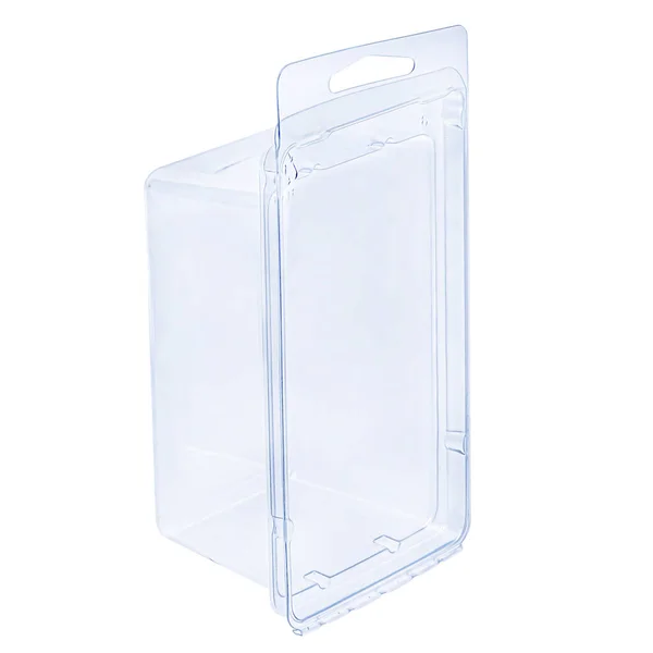 Plastbehållare Vit Bakgrund Förpackning Närbild Clamshell Förpackning Clear Plastic Blister — Stockfoto