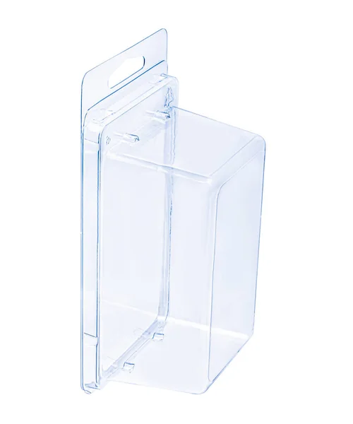 Plastbehållare Vit Bakgrund Förpackning Närbild Clamshell Förpackning Clear Plastic Blister — Stockfoto
