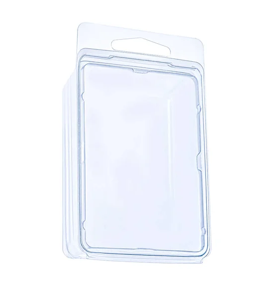 Recipiente Plástico Fundo Branco Embalagem Close Clamshell Pacote Clear Plastic — Fotografia de Stock