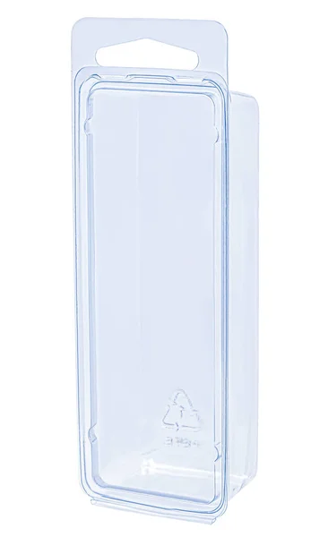 Recipiente Plástico Fundo Branco Embalagem Close Clamshell Pacote Clear Plastic — Fotografia de Stock